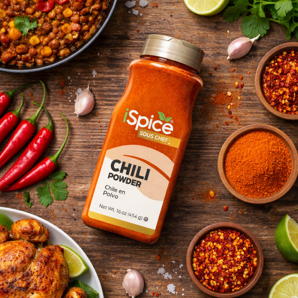Gourmet chili powder spice bottle with fresh ingredients and chili-based dishes in natural kitchen setting