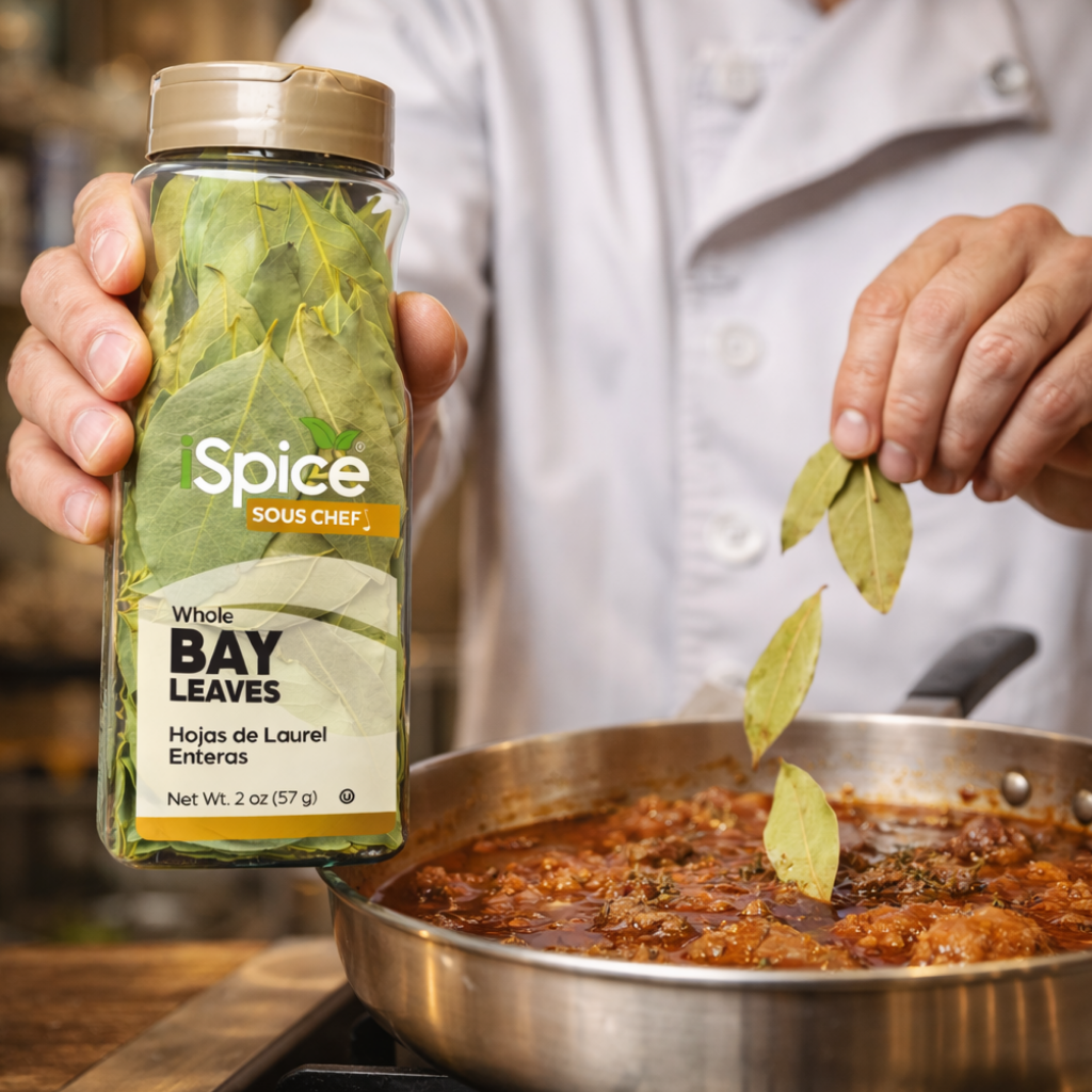 Person adding bay leaves from a Spice Sous Chef container into a pan of food.