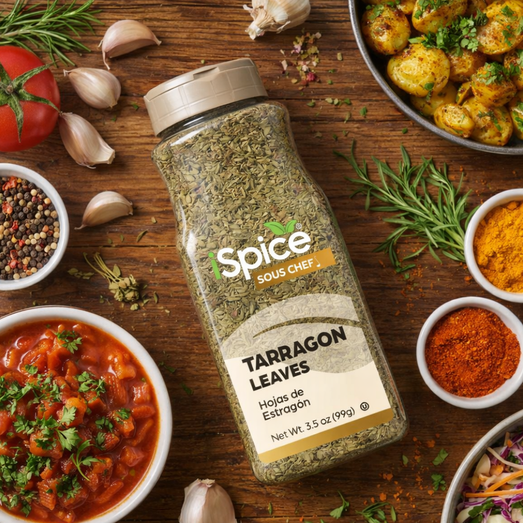 Spice bottle labeled 'Sous Chef' with tarragon leaves on a wooden table with various dishes and ingredients.