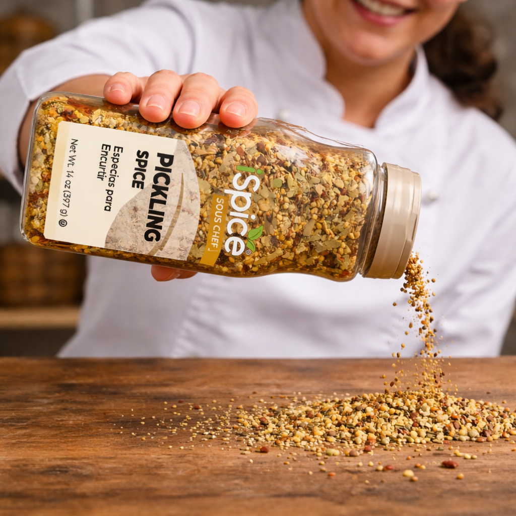 Person pouring pickling spice from a jar on a wooden surface