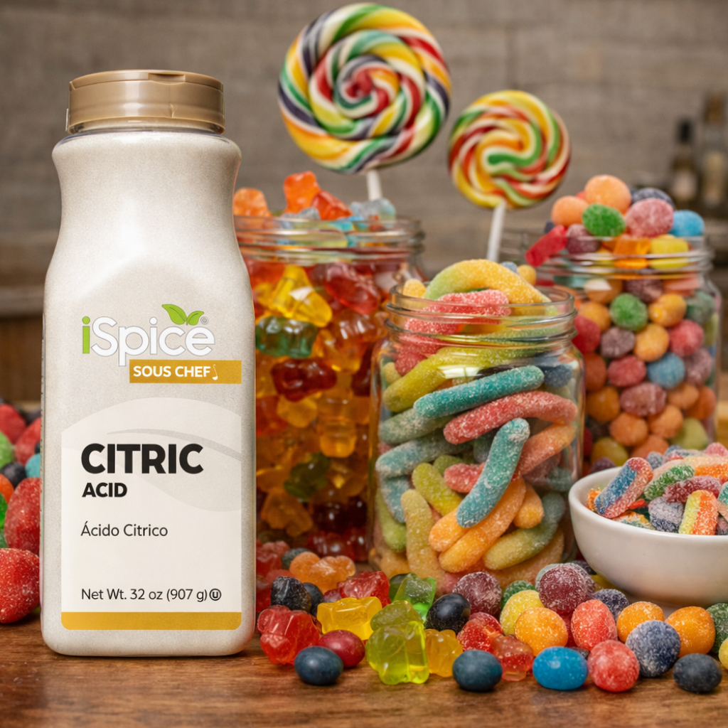 iSpice citric acid bottle with colorful candies and lollipops in the background.