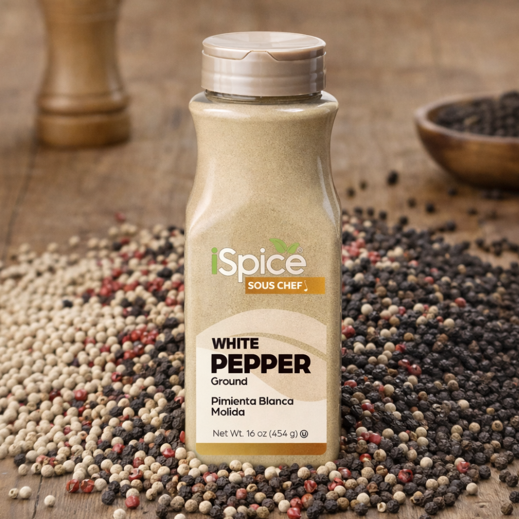 Spice bottle labeled 'White Pepper' on a wooden surface with peppercorns around