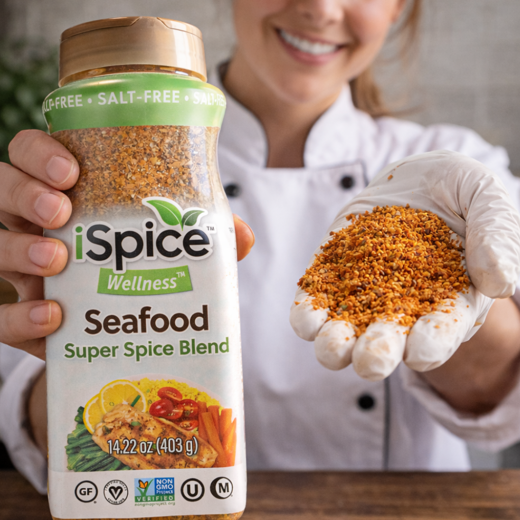 Person holding a bottle of iSpice Wellness Seafood Super Spice Blend with a close-up of spices in gloves.