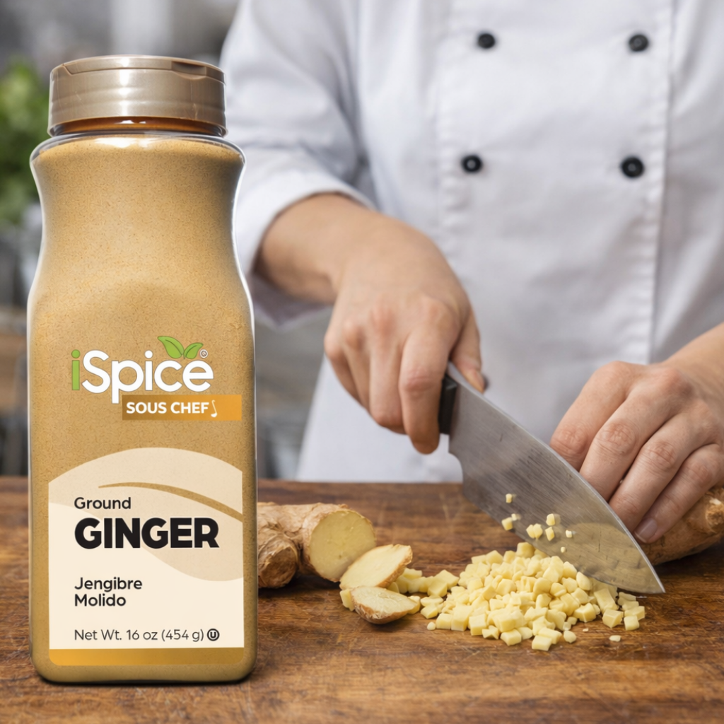iSpice Ground Ginger bottle with a chef chopping ginger on a cutting board