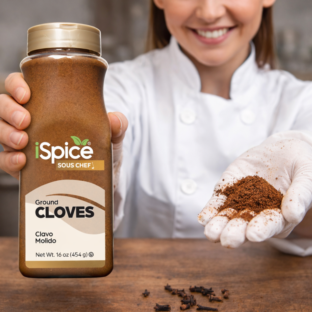 Person holding a jar of iSpice Ground Cloves with a wooden background