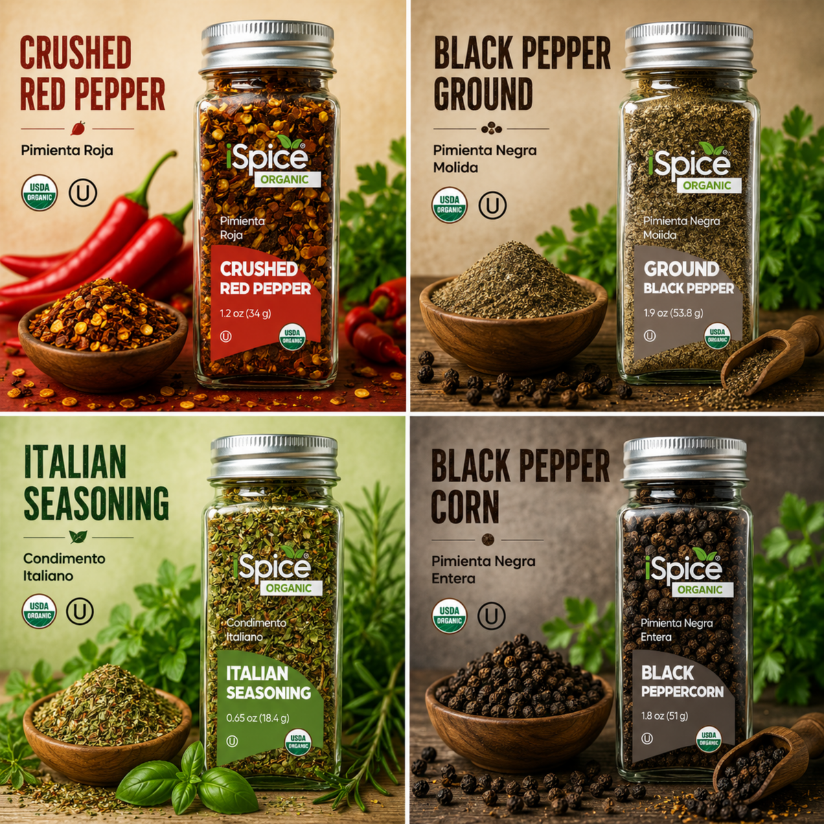 Collage of Spice Organic spice packages with corresponding spices displayed.