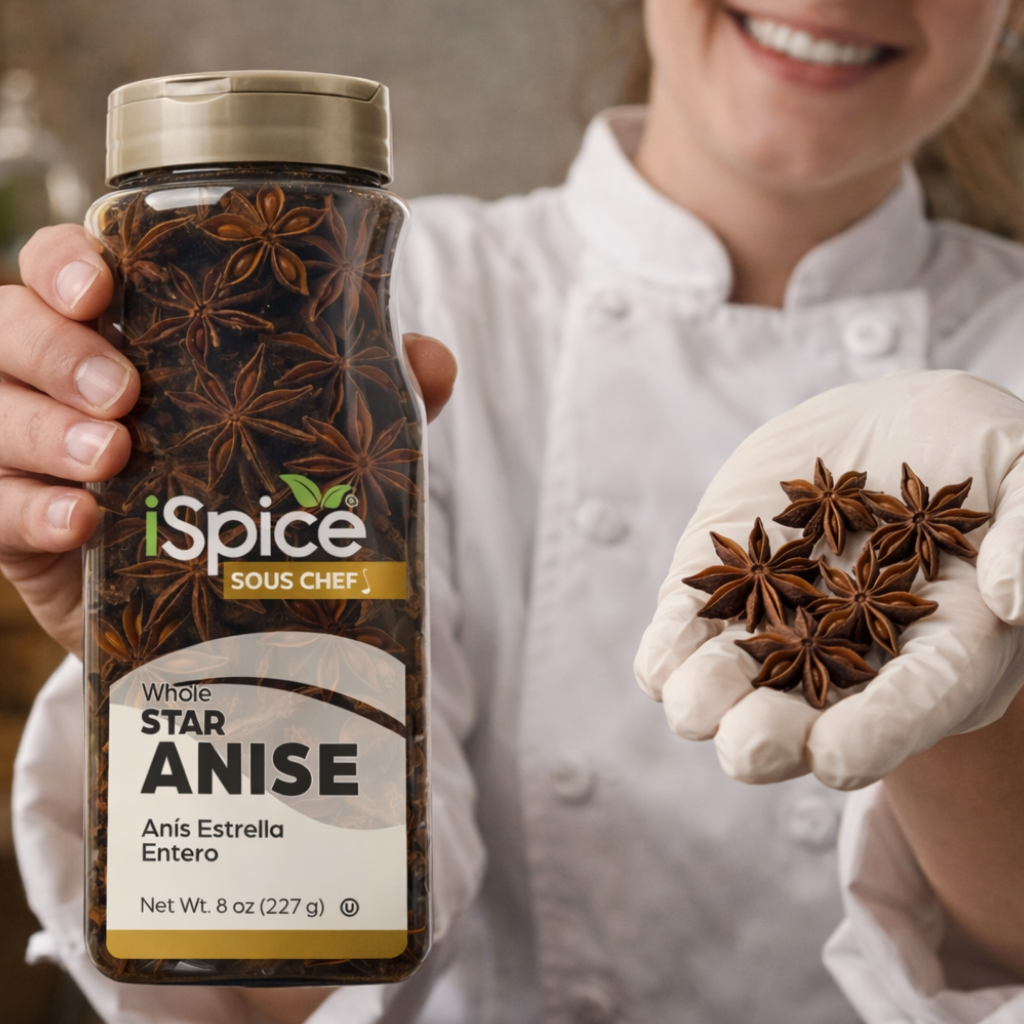 Person holding a jar of iSpice star anise with a close-up of star anise in hands.