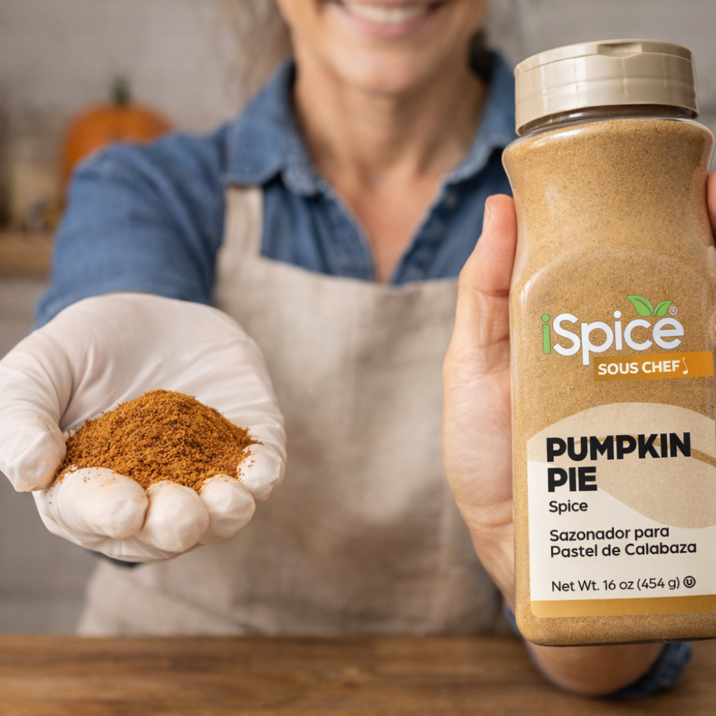 Person holding a jar of iSpice Pumpkin Pie Spice and some in their hand.