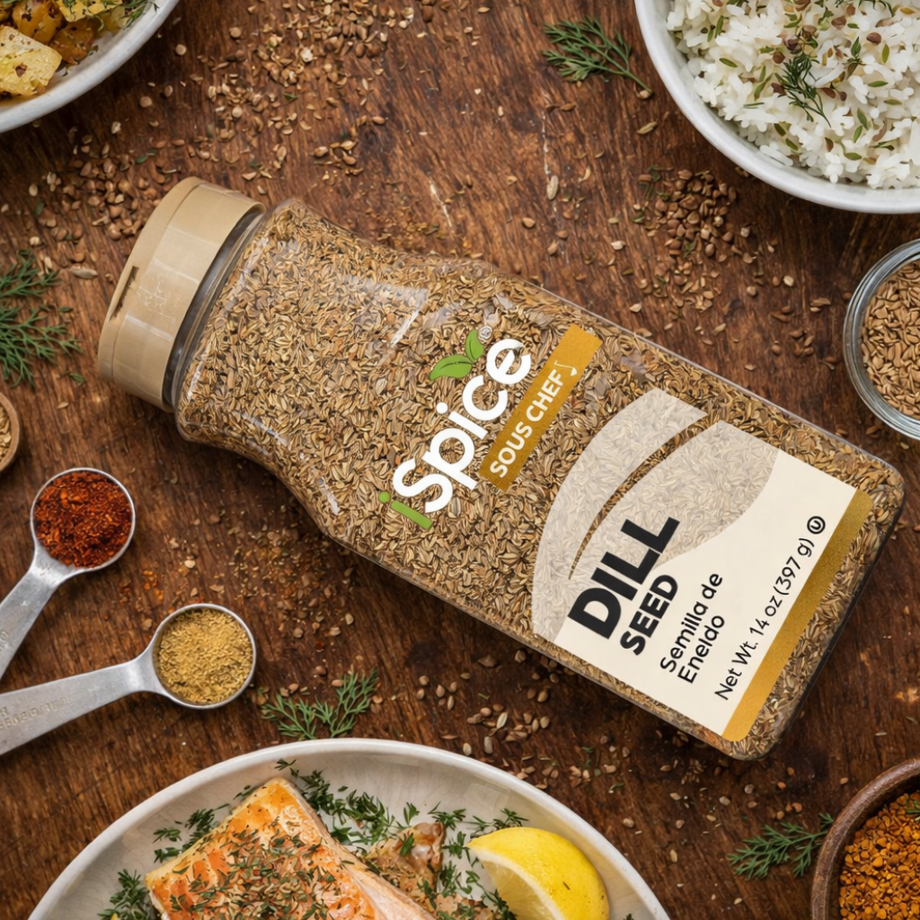 Spice bottle labeled 'Dill Seed' on a wooden surface with various spices and dishes.