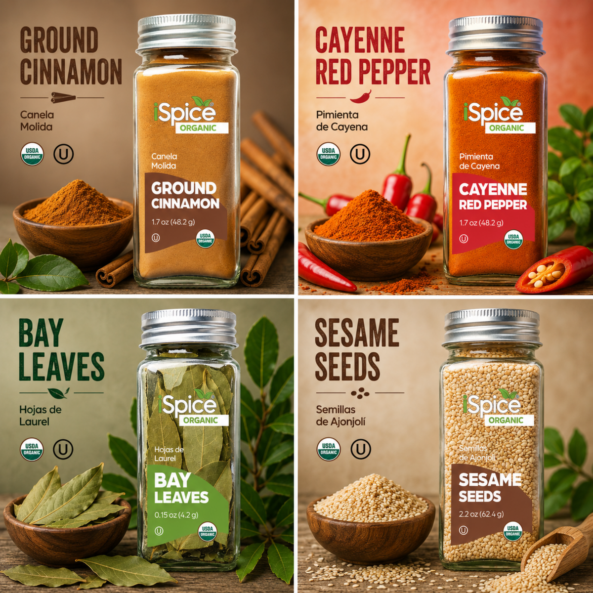 Four Spice Organic spice packages with corresponding spices displayed on a wooden surface.