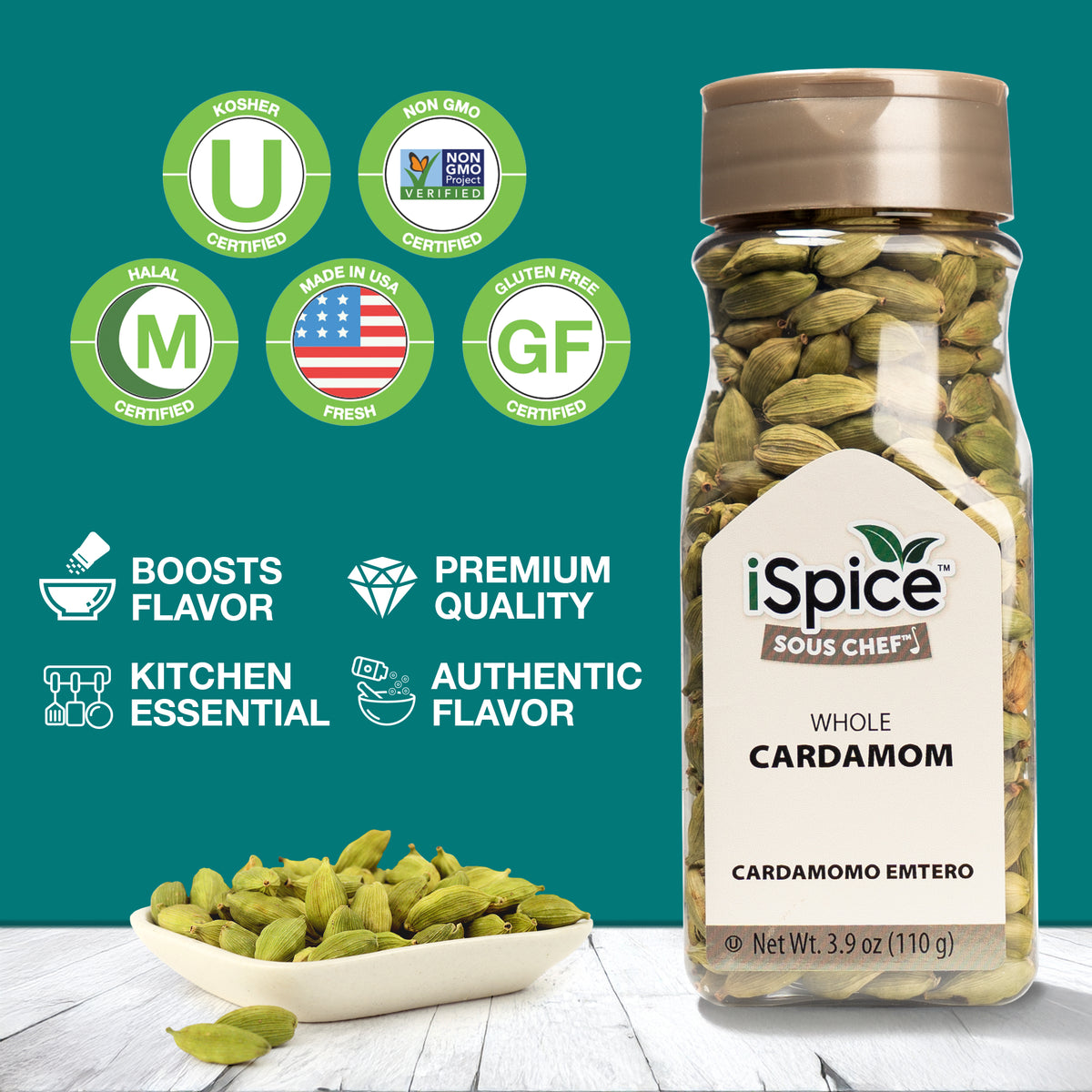 iSpice | Cardamom Seed Whole | 3.9 oz | Gourmet Spice | Kosher | Authentic Flavors