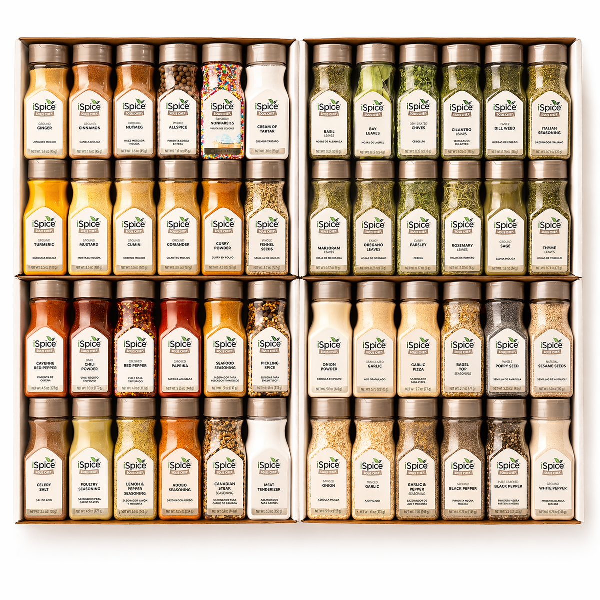 Assorted spice bottles in a box with visible 'The Spice Shop' branding.