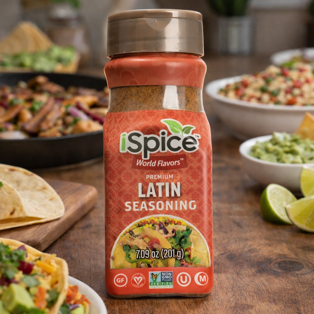 iSpice Latin seasoning bottle on a wooden table with food in the background