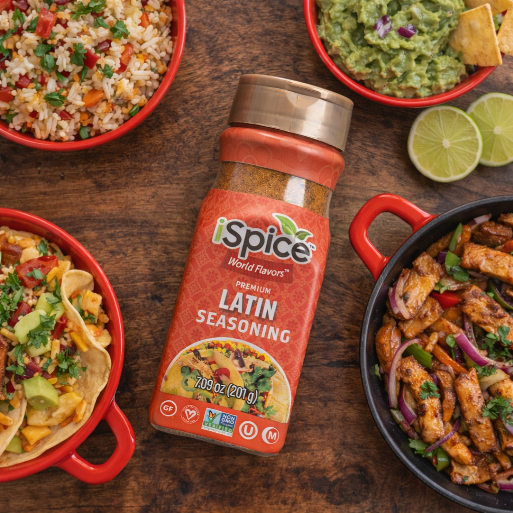 iSpice Latin seasoning bottle surrounded by Mexican food on a wooden table