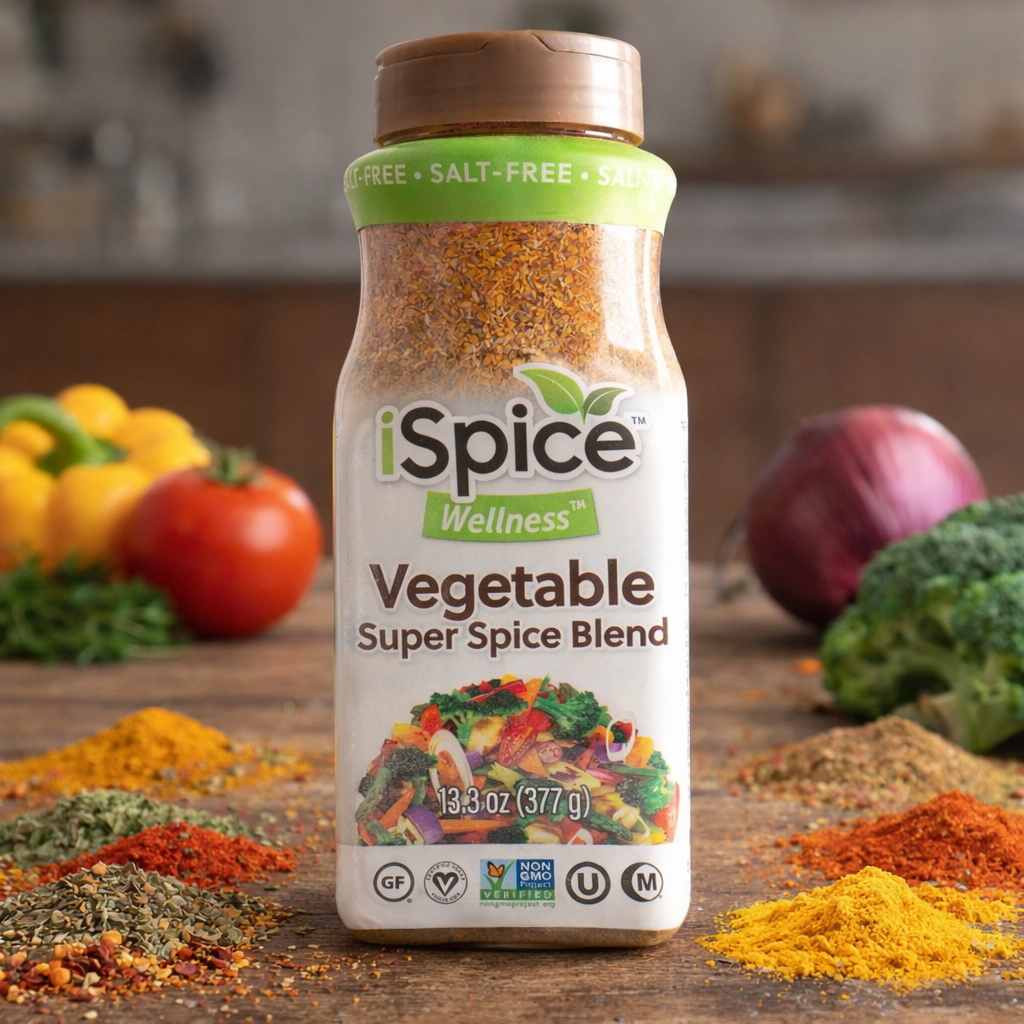 iSpice Wellness Vegetable Super Spice Blend bottle with spices and vegetables on a wooden surface