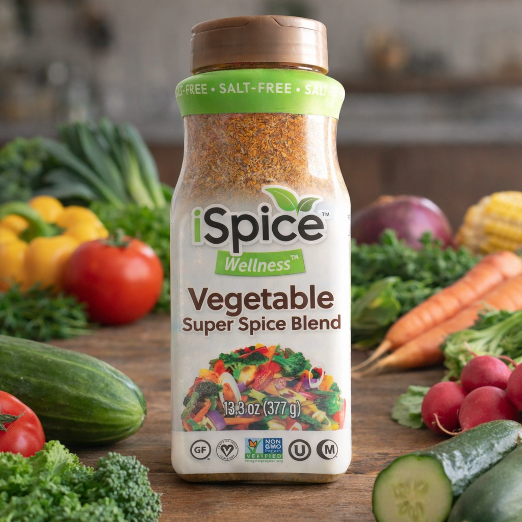 iSpice Wellness Vegetable Super Spice Blend bottle with fresh vegetables in the background