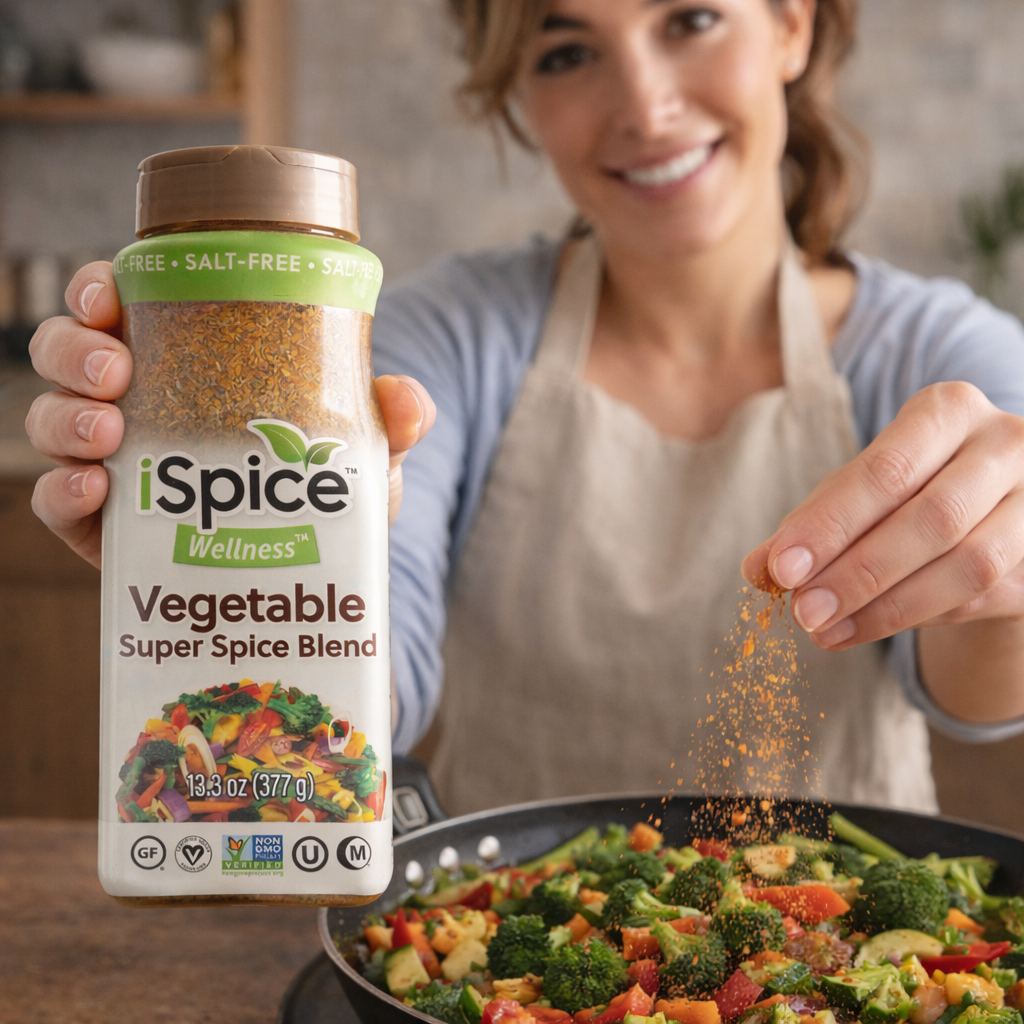 Person holding a jar of iSpice Wellness Vegetable Super Spice Blend over a pan of vegetables.