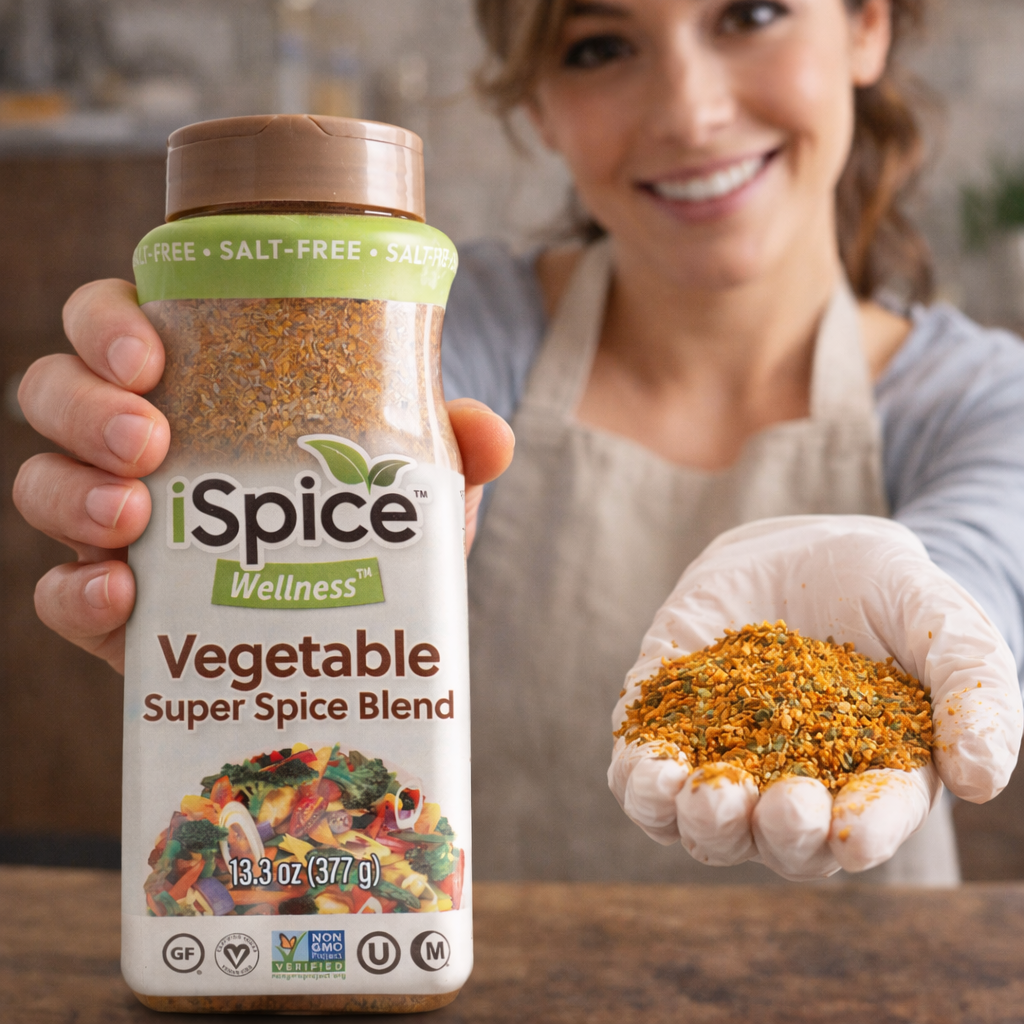 Person holding a bottle of iSpice Wellness Vegetable Super Spice Blend with a kitchen background.