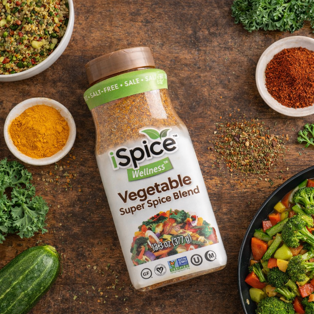 iSpice Wellness Vegetable Super Spice Blend bottle on a wooden surface with spices and vegetables.