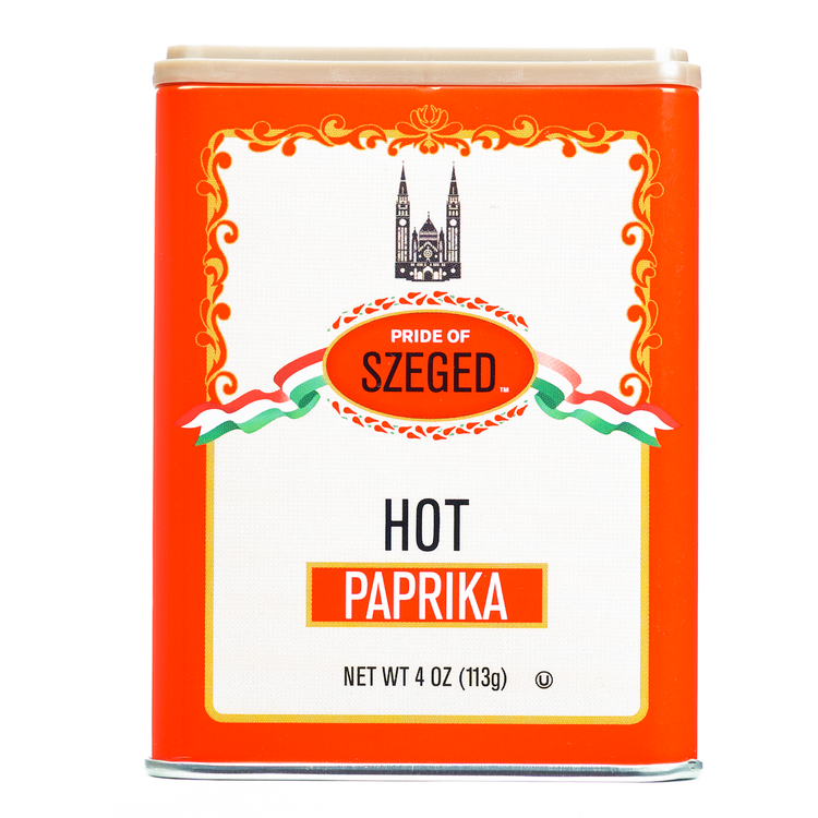 Pride of Szeged hot paprika canister on a white background