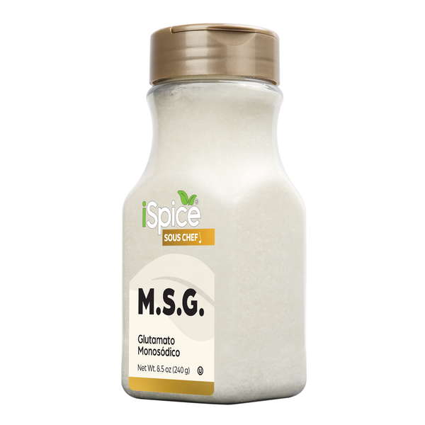 Bottle of MSG seasoning with 'iSpice' branding on a white background