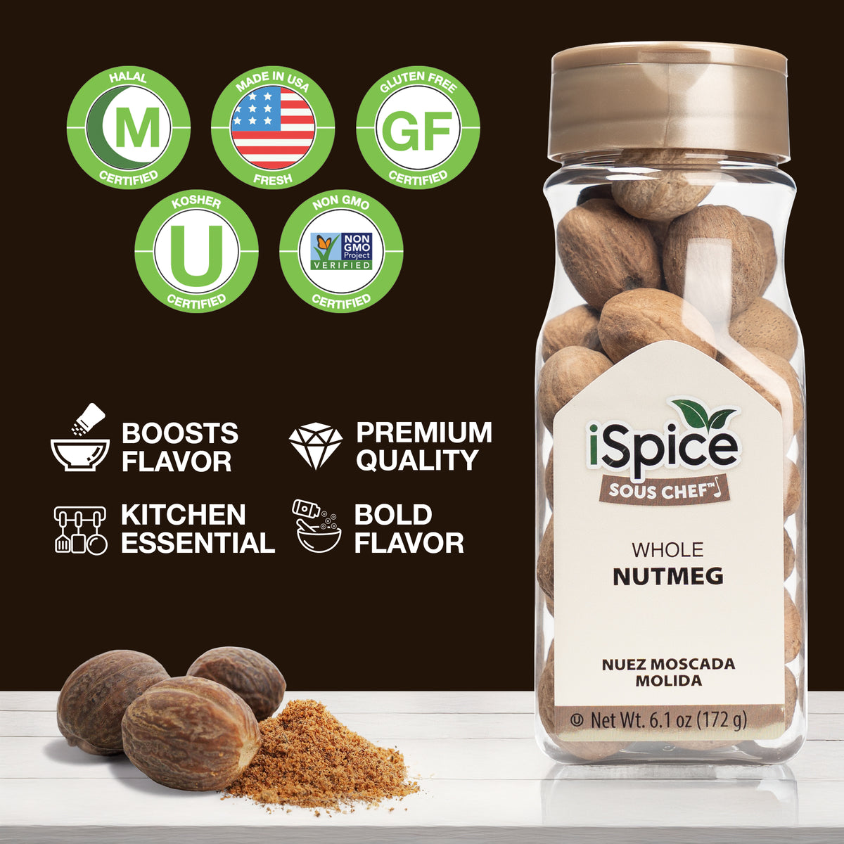 iSpice | Nutmeg Whole | 5.5 oz | Gourmet Spice | Kosher | Fresh harvest