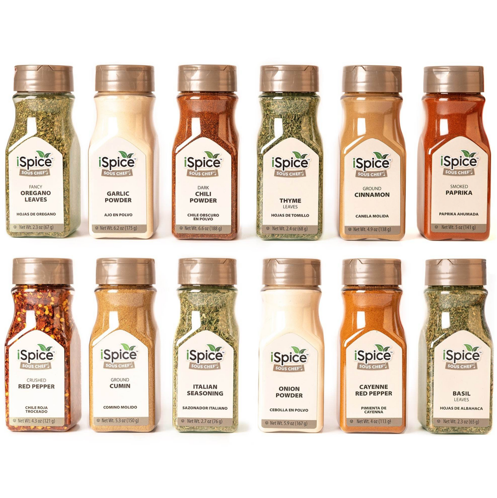 A neatly arranged spice set with multiple iSpice bottles and a branded box, displayed on a clean white background with enhanced lighting and vibrant colors.