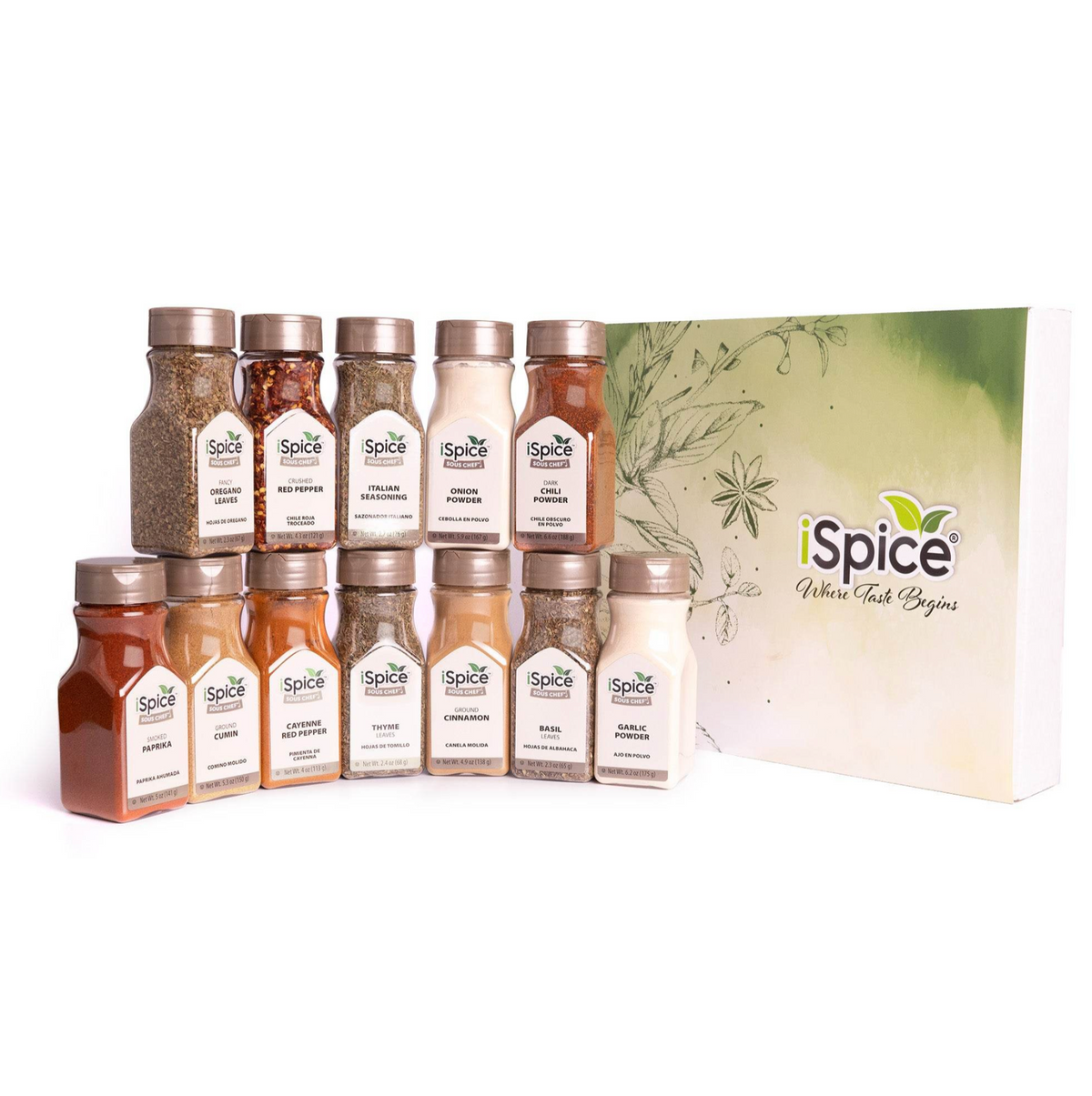 A top-down view of a boxed spice collection with evenly aligned bottles, showing improved brightness, contrast, and color clarity for a premium product look.