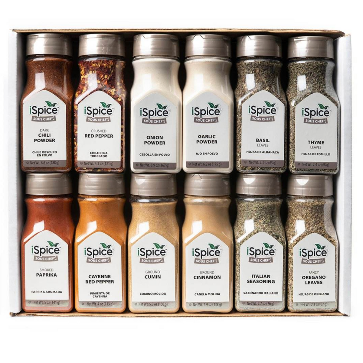 A neatly arranged spice set with multiple iSpice bottles and a branded box, displayed on a clean white background with enhanced lighting and vibrant colors.