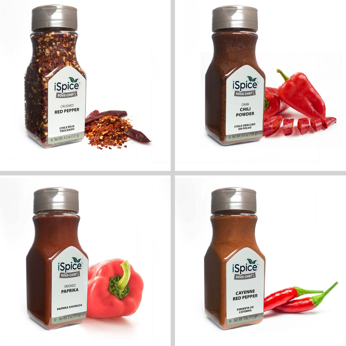 A 2x2 grid of spice bottles (red pepper, chili powder, paprika, cayenne) with fresh ingredients beside them, presented with balanced lighting and rich, warm tones.