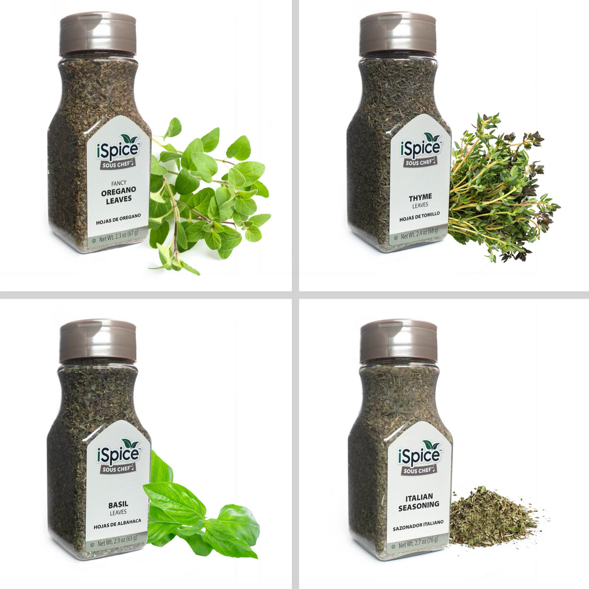 A 2x2 layout of herb-based spices (oregano, thyme, basil, Italian seasoning) with fresh green leaves, featuring enhanced color vibrancy and soft studio lighting.