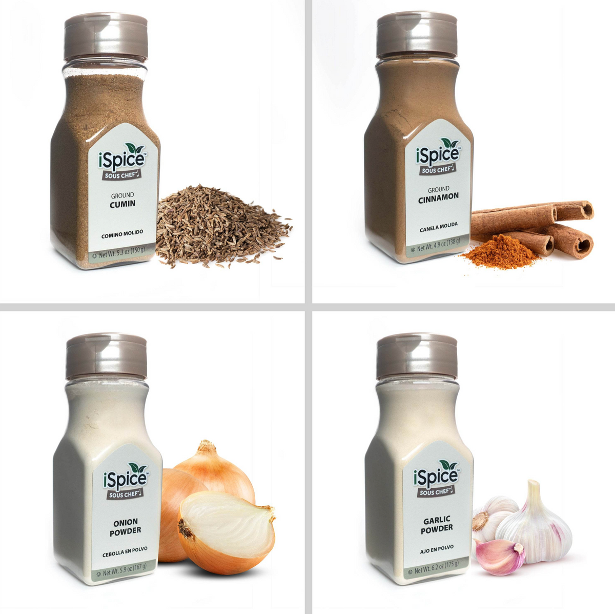 A 2x2 grid of spice bottles (cumin, cinnamon, onion powder, garlic powder) with natural ingredients, optimized for clean whites and warm, realistic tones.