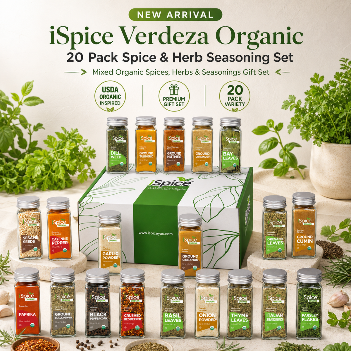 20-pack spice and herb seasoning set with iSpice Verdeza Organic branding on a neutral background.