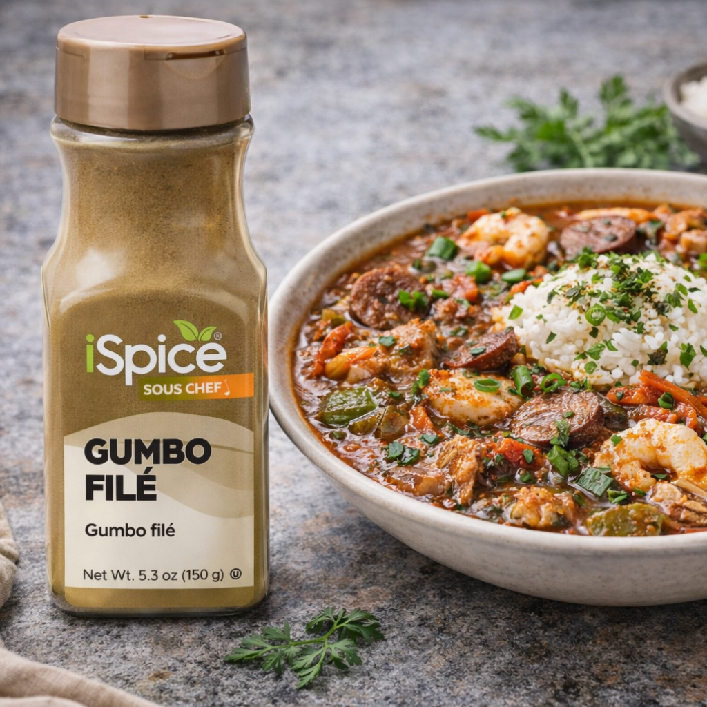 iSpice Sous Chef Gumbo Filé seasoning bottle with a bowl of gumbo on a gray surface.