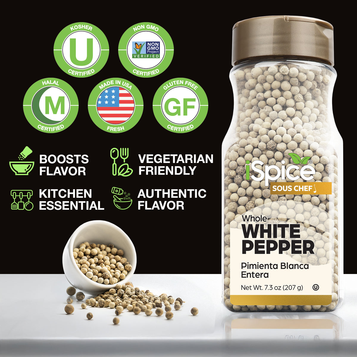 iSpice | White Pepper Whole | 7.3 oz | Gourmet Spice | Kosher | Delicate pungency