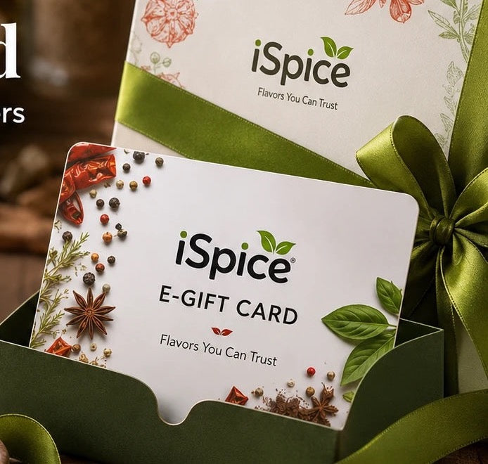 The iSpice e-gift card in a green gift holder with a ribbon bow