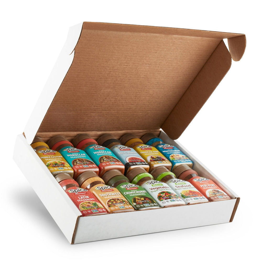 An open iSpice gift box filled with 12 spice jars