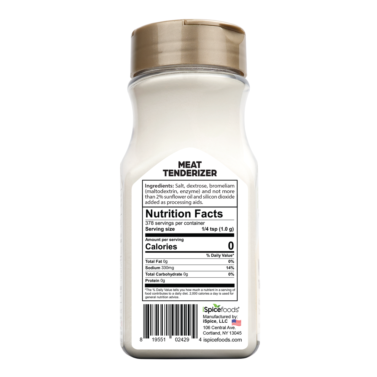 Bottle of meat tenderizer with nutrition facts label on a white background