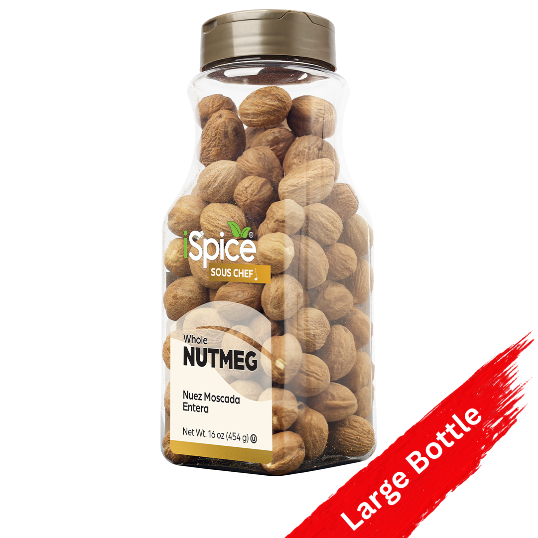 Front view of iSpice Whole Nutmeg in a 16 oz bulk container, labeled as Kosher and gourmet-quality.